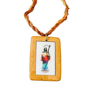 Santa Muerte Scapular Necklace Knotted Rope Wood Pendant 7 Powers NEW